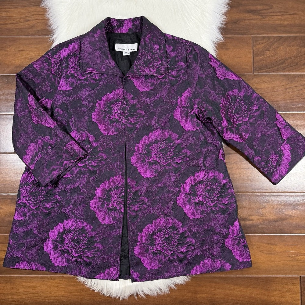 Caroline Rose Women's Size Large‎ Petite Purple Black Open Front Jacket Blazer